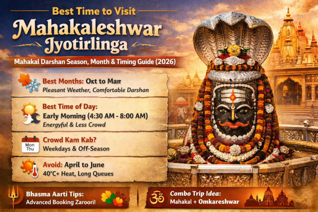 Best time to visit Mahakaleshwar Jyotirlinga Ujjain with month guide, darshan timing, Bhasma Aarti schedule and crowd details