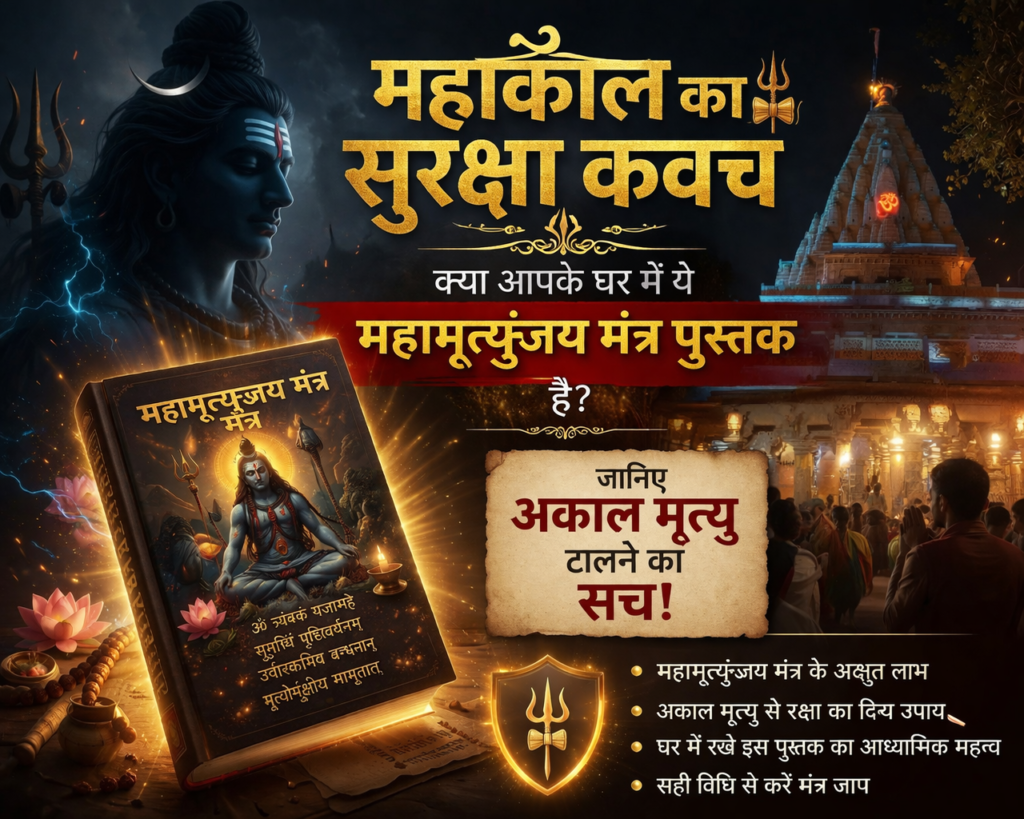 Mahakal Mandir Ujjain night view with Mahamrityunjay Mantra book concept for protection from untimely death