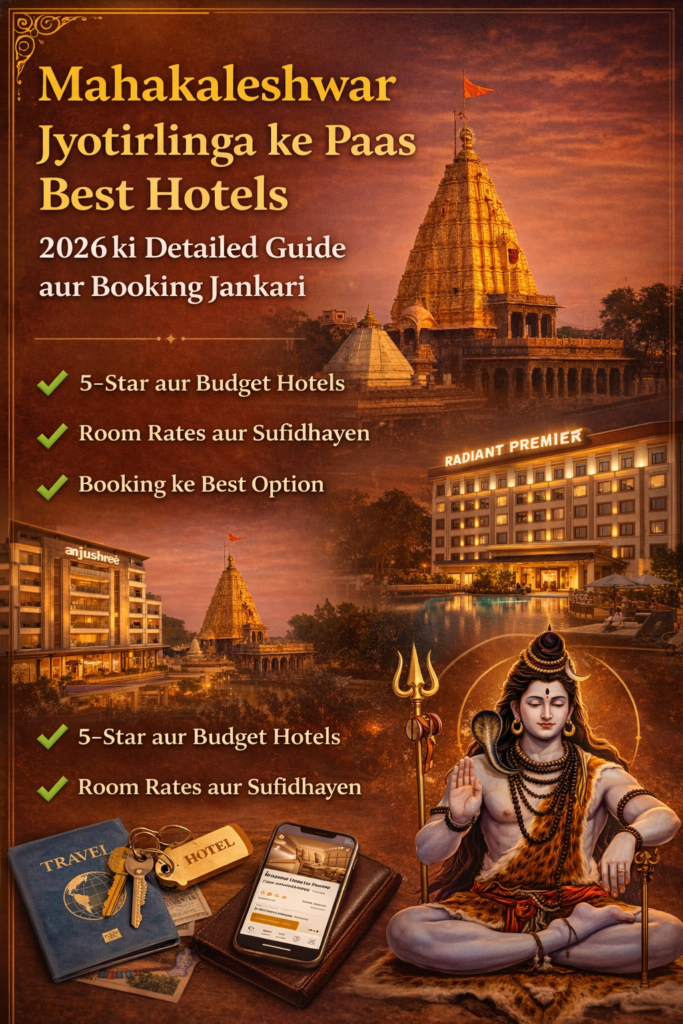 Best hotels near Mahakaleshwar Jyotirlinga Ujjain with temple view and hotel buildings at night