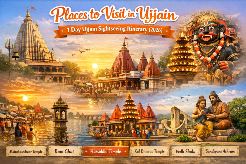 1 day Ujjain sightseeing itinerary featuring Mahakaleshwar Temple, Ram Ghat, Harsiddhi Temple, Kal Bhairav Temple and Vedh Shala Ujjain