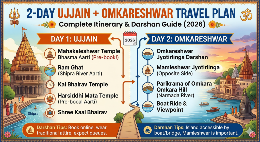 "2-day travel itinerary infographic for Ujjain and Omkareshwar in 2026, featuring Mahakaleshwar Temple and Omkareshwar Jyotirlinga highlights."