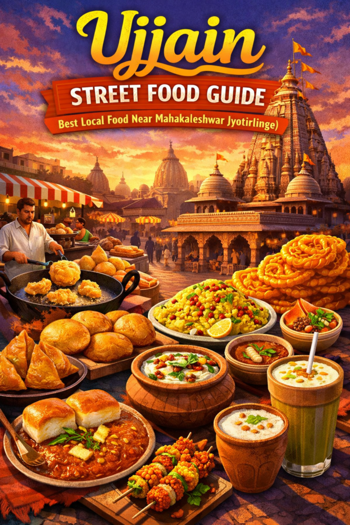 Ujjain street food near Mahakaleshwar Jyotirlinga including kachori, samosa, jalebi and local snacks with temple view